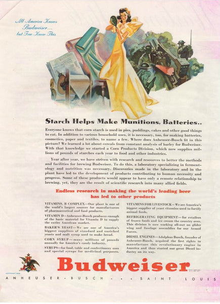 1942 Budweiser Magazine Print Ad WWII Soldier Lady in Yellow Evening Dress - Avid Vintage