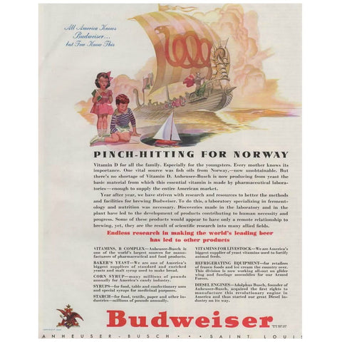 Vintage 1940s Budweiser Magazine Print Ad Viking Ship