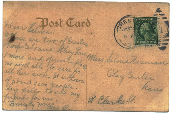 Vintage 1910s Creston Iowa Postcard Cottage Hospital Card No 3870 Town View - Avid Vintage