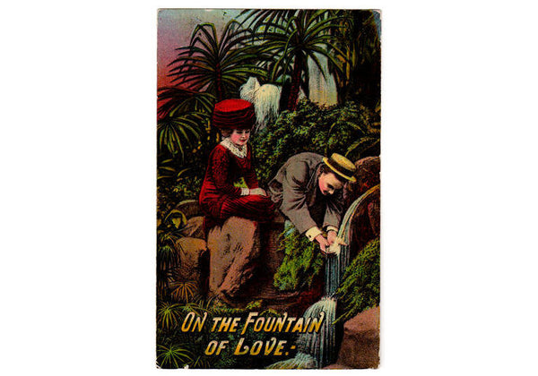 Vintage Romance Postcard Lady in Red Hat Couple at Fountain of Love - Avid Vintage