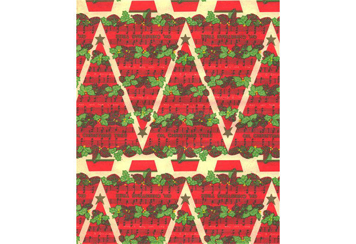 Vintage 1950s Christmas Wrapping Paper Gift Wrap Green Bells on Red [B}