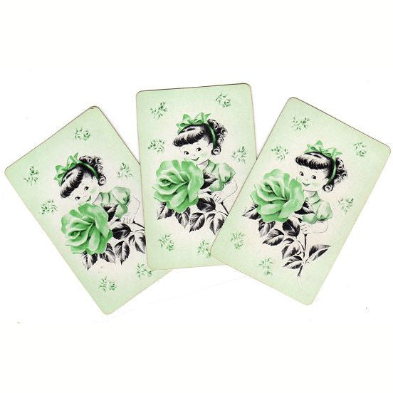 Vintage 1950's Little Girl Playing Cards Lot of 3 Green Rose Swap Cards - Avid Vintage