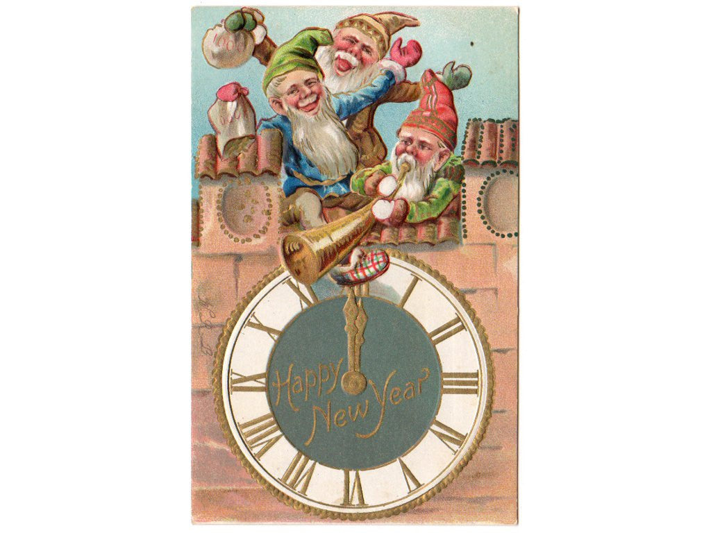 New Year Gnomes Antique 1910s  Embossed Postcard Horn Clock - Avid Vintage