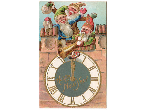 New Year Gnomes Antique 1910s  Embossed Postcard Horn Clock - Avid Vintage
