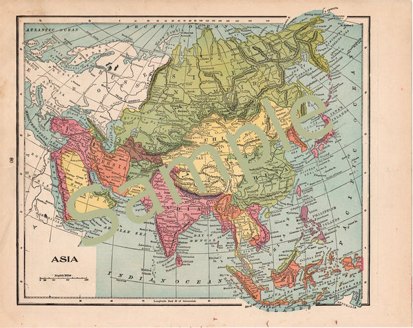 Printable Antique Color Map of Asia Instant Digital Download 1900 Illustration - Avid Vintage