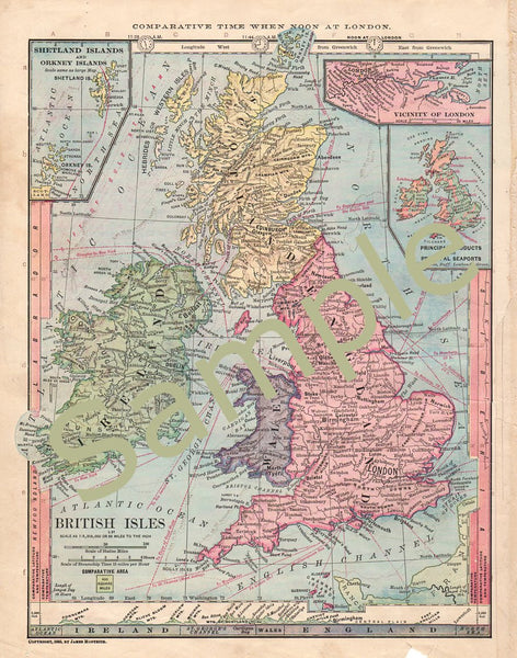 Antique 1885 Printable Map of British Isles Ireland England Wales Scotland UK Instant Download - Avid Vintage