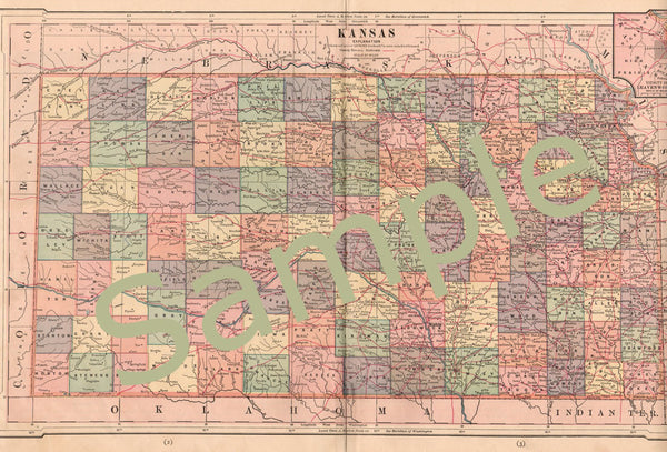 Antique Printable 1880s Color Map of Kansas Instant Digital Download 1880s County Map - Avid Vintage