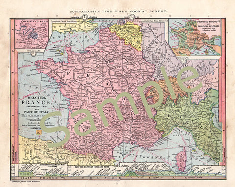 Old 1885 Printable Color Map of France Italy Belgium and Switzerland Instant Download - Avid Vintage