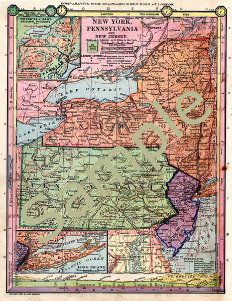 Printable Map of New York Pennsylvania New Jersey 1885 Antique Color Image Instant Download - Avid Vintage