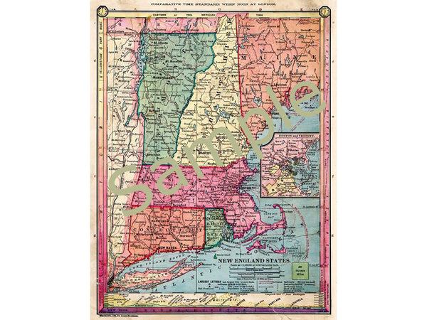 Printable Antique Map of Vermont New Hampshire Maine Massachusetts Connecticut Rhode Island - Avid Vintage