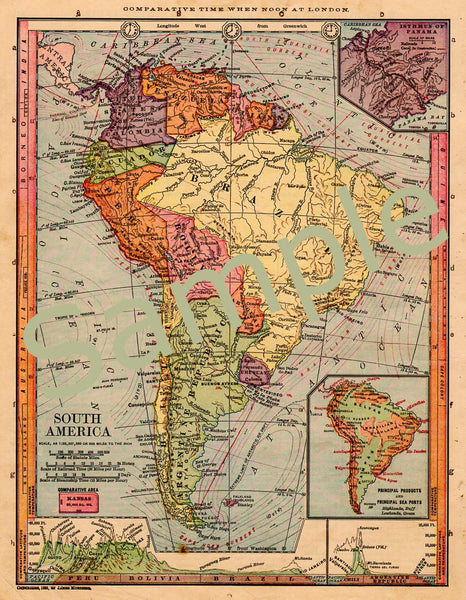 Antique 1885 Printable Map of South America Ecuador Colombia Brazil Peru Argentina Chile Uruguay - Avid Vintage