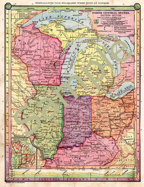 Printable Antique 1885 Color Map of Wisconsin Michigan Illinois Indiana Ohio Kentucky - Avid Vintage