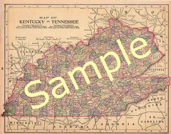 Kentucky and Tennesee Antique 1902 Printable Color State Map Instant Download - Avid Vintage
