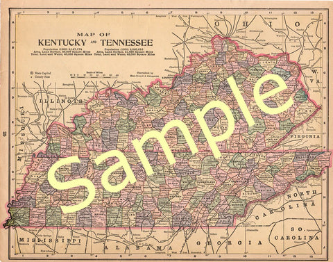 Kentucky and Tennesee Antique 1902 Printable Color State Map Instant Download - Avid Vintage