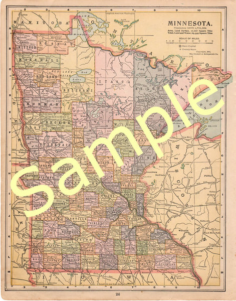 Antique 1902 Printable State Map of Minnesota Showing Counties Color Cartography - Avid Vintage