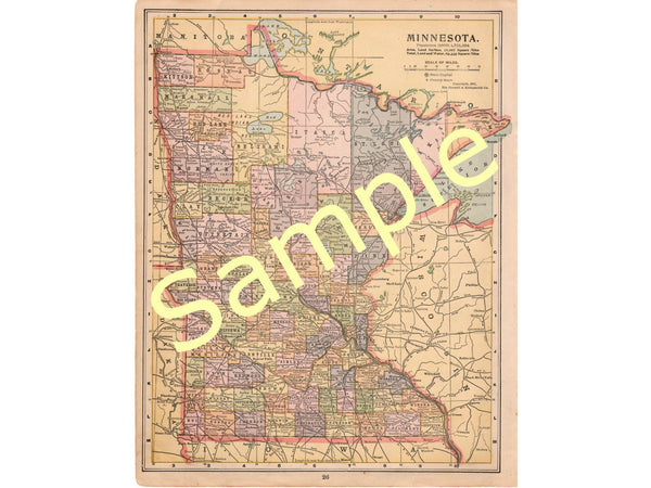 Antique 1902 Printable State Map of Minnesota Showing Counties Color Cartography - Avid Vintage