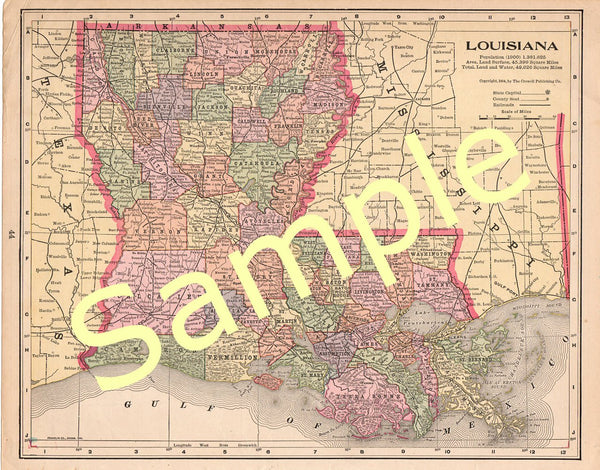 Louisiana State 1902 Printable Color Map Instant Download - Avid Vintage