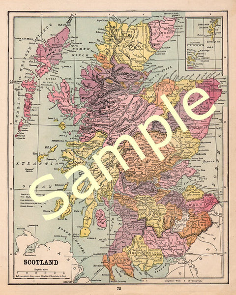 Old 1900 Printable Color Map of Scotland Cartography Instant Download - Avid Vintage