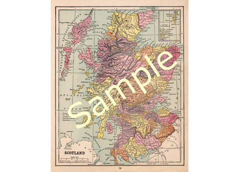 Old 1900 Printable Color Map of Scotland Cartography Instant Download - Avid Vintage
