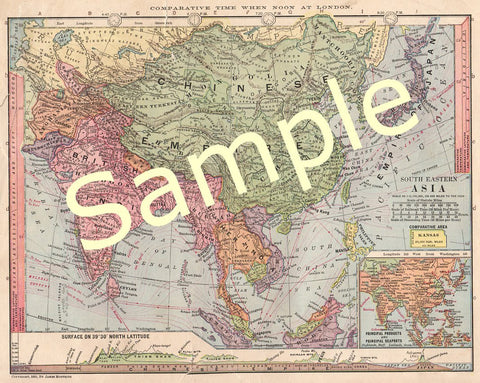 Antique Color Map of Asia China India Japan 1900 Instant Download Chinese Empire - Avid Vintage