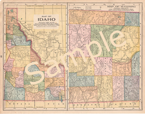 Idaho Wyoming Printable Antique County Maps Instant Download 1900s Color Illustration - Avid Vintage