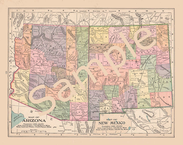 Antique 1900 Printable Color Map of Arizona New Mexico Instant Download - Avid Vintage