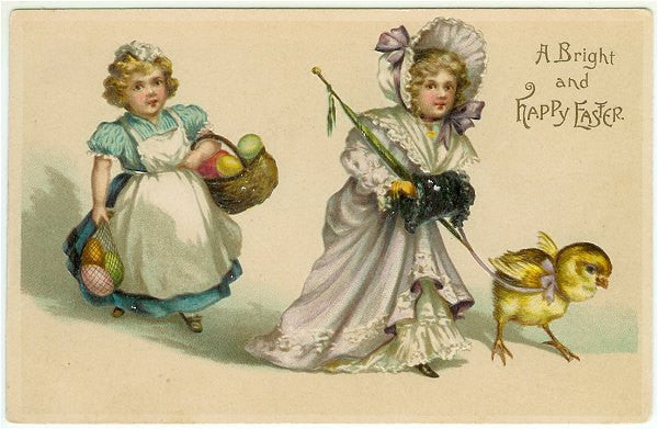 Vintage 1910s Easter Greetings Postcard Victorian Girls with Colored Eggs Yellow Chick - Avid Vintage