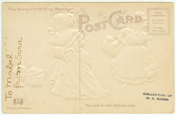 Vintage 1910s Easter Greetings Postcard Victorian Girls with Colored Eggs Yellow Chick - Avid Vintage