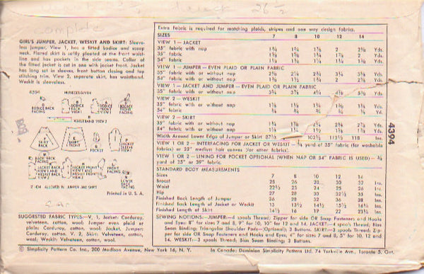 Vintage 1950s Girls Simplicity Sewing Pattern 4394 Girls Jumper Weskit Jacket and Full Skirt Bust 28 - Avid Vintage