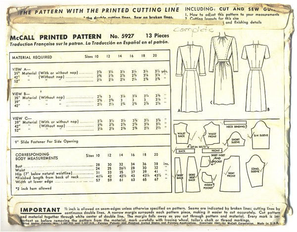 Vintage 1940s Ladies Sewing Pattern Vintage McCalls 5927, Bust 30, Hip 33, Womens 3/4 Sleeve Dress - Avid Vintage