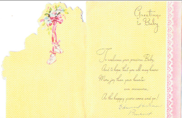 Vintage 1940s New Baby Congratulations Greeting Card Flocked Blanket Infant in Cradle - Avid Vintage