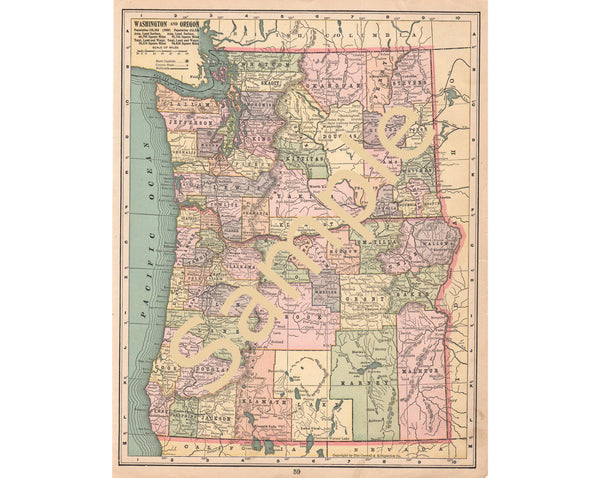 Printable Old Map of Washington State and Oregon Instant Cartography Download - Avid Vintage
