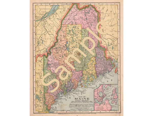 Printable Antique Color Map of Maine Showing Counties Instant Download - Avid Vintage