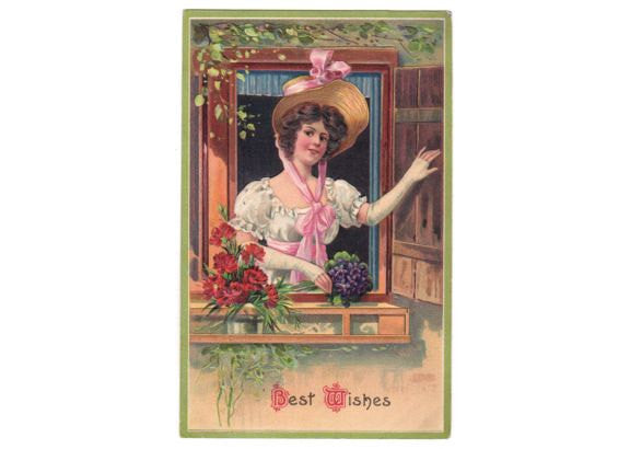 Vintage 1910s Greeting Postcard Beautiful Lady in Hat Best Wishes Violets Carnations - Avid Vintage