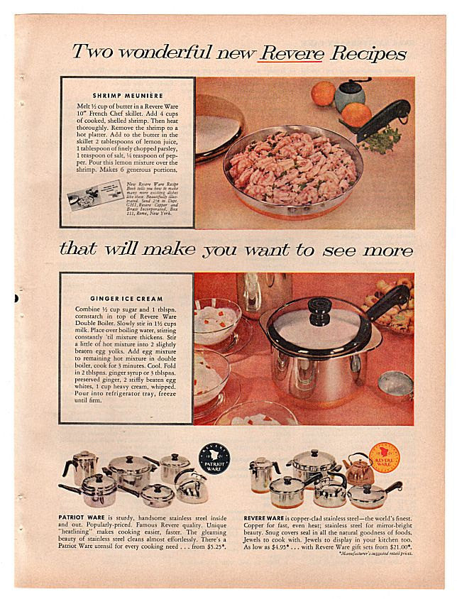 1960 Revere Ware Cookware Magazine Print Ad Copper Bottom Patriot Ware - Avid Vintage