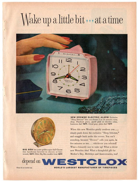 Vintage 1960 Westclox Magazine Print Ad Pink Alarm Clock Advertisement - Avid Vintage