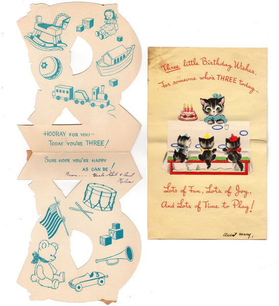 Vintage 1950s Three Year Old Birthday Cards Lot of 2 Rocking Horse Kitten Volland - Avid Vintage