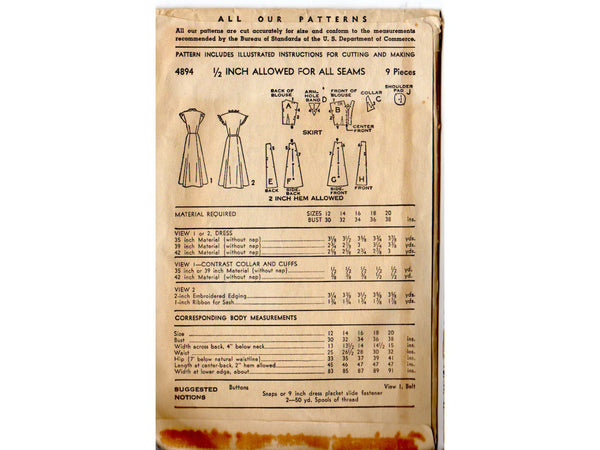 Vintage 1940s Advance Knee Length Dress Pattern 4894 Bust 30 Hip 33 - Avid Vintage