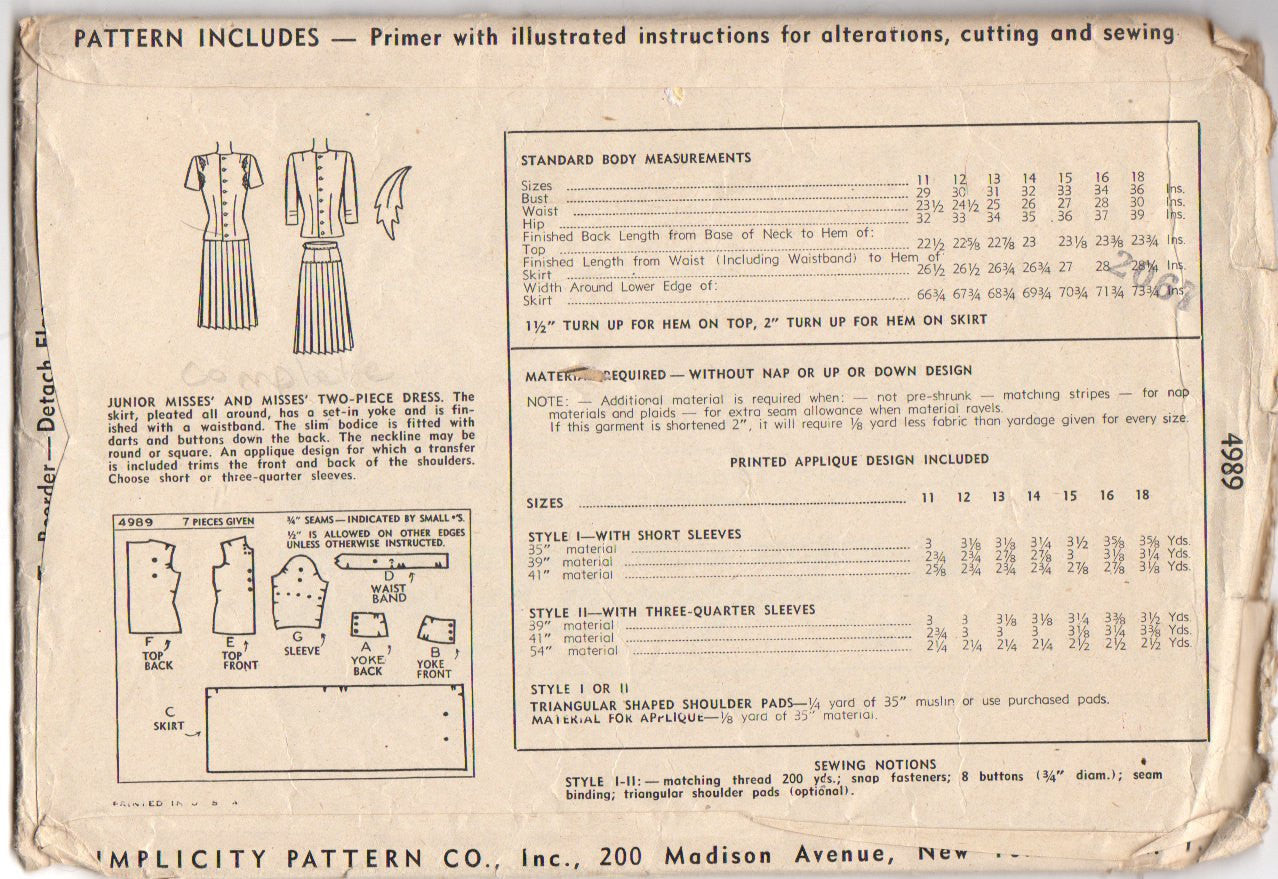 Vintage 1940s Pleated Teen Skirt Simplicity Sewing Pattern 4989 Bust 29 Hip 32 - Avid Vintage