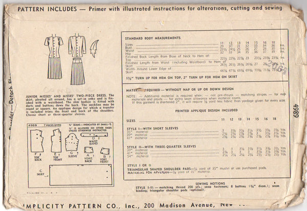 Vintage 1940s Pleated Teen Skirt Simplicity Sewing Pattern 4989 Bust 29 Hip 32 - Avid Vintage