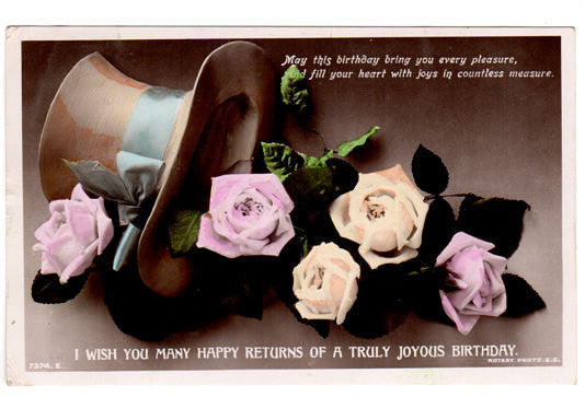 Vintage Rotary Photo Birthday Postcard Top Hat Blue Ribbon Tinted Roses - Avid Vintage