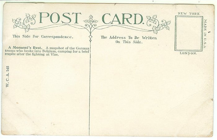Vintage WWI Military Postcard A Moments Rest WCA Series 145 German Troops International New Service - Avid Vintage