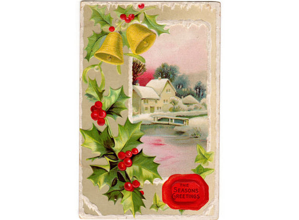 Vintage Holiday Christmas Greeting Postcard 1910s Holly and Berries Snow Scene Gold Bells - Avid Vintage