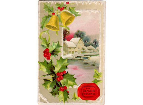 Vintage Holiday Christmas Greeting Postcard 1910s Holly and Berries Snow Scene Gold Bells - Avid Vintage