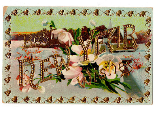 Vintage 1910's New Years Holiday Postcard Greetings Best Wishes Gold Bells Floral Germany - Avid Vintage