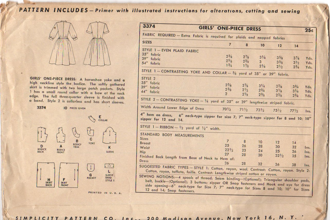 Vintage 1950s Girls Knee Length Dress with Gathered Skirt Simplicity Sewing Pattern 3374 Bust 26 - Avid Vintage