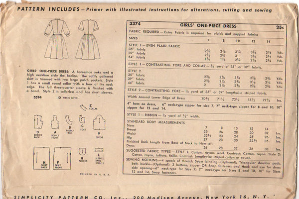 Vintage 1950s Girls Knee Length Dress with Gathered Skirt Simplicity Sewing Pattern 3374 Bust 26 - Avid Vintage
