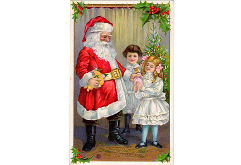 Vintage 1910s Santa Claus Holiday Postcard Girl and Boy Doll Christmas Tree Embossed - Avid Vintage