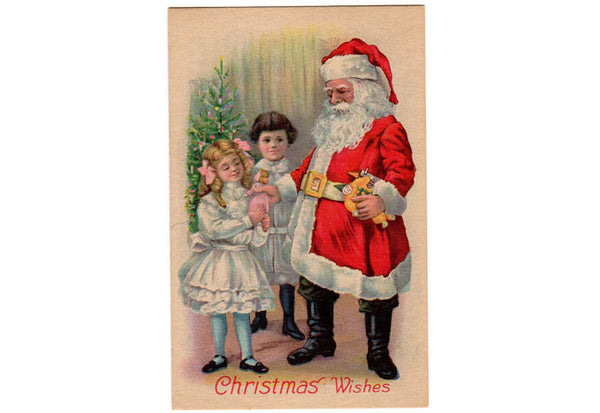 Vintage 1910's Christmas Postcard Girl and Boy with Doll Christmas Tree Santa Claus Unused Greeting - Avid Vintage