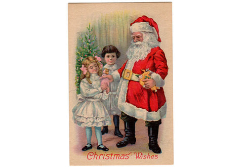 Vintage 1910's Christmas Postcard Girl and Boy with Doll Christmas Tree Santa Claus Unused Greeting - Avid Vintage